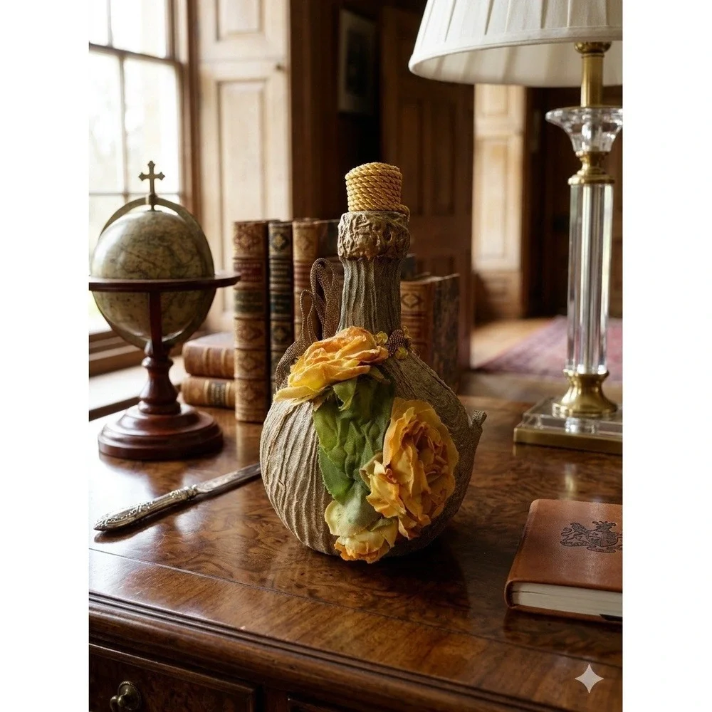Vintage Gold Wrapped Decanter Bottle Faux Yellow Roses Floral Decor